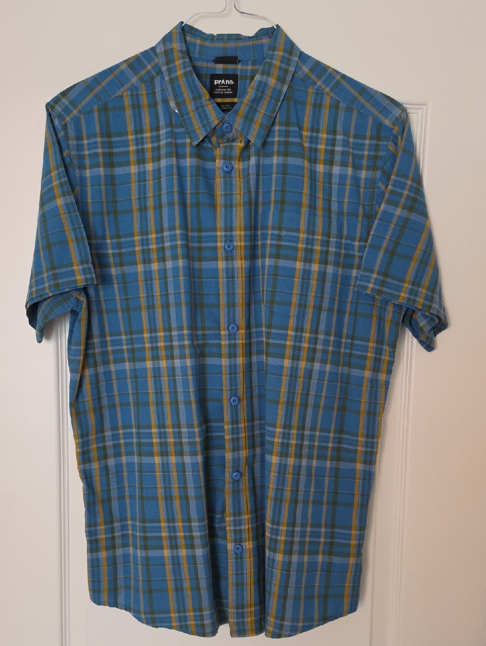 Prana Men's Blue and Yellow Plaid Short Sleeve Button-Down Shirt